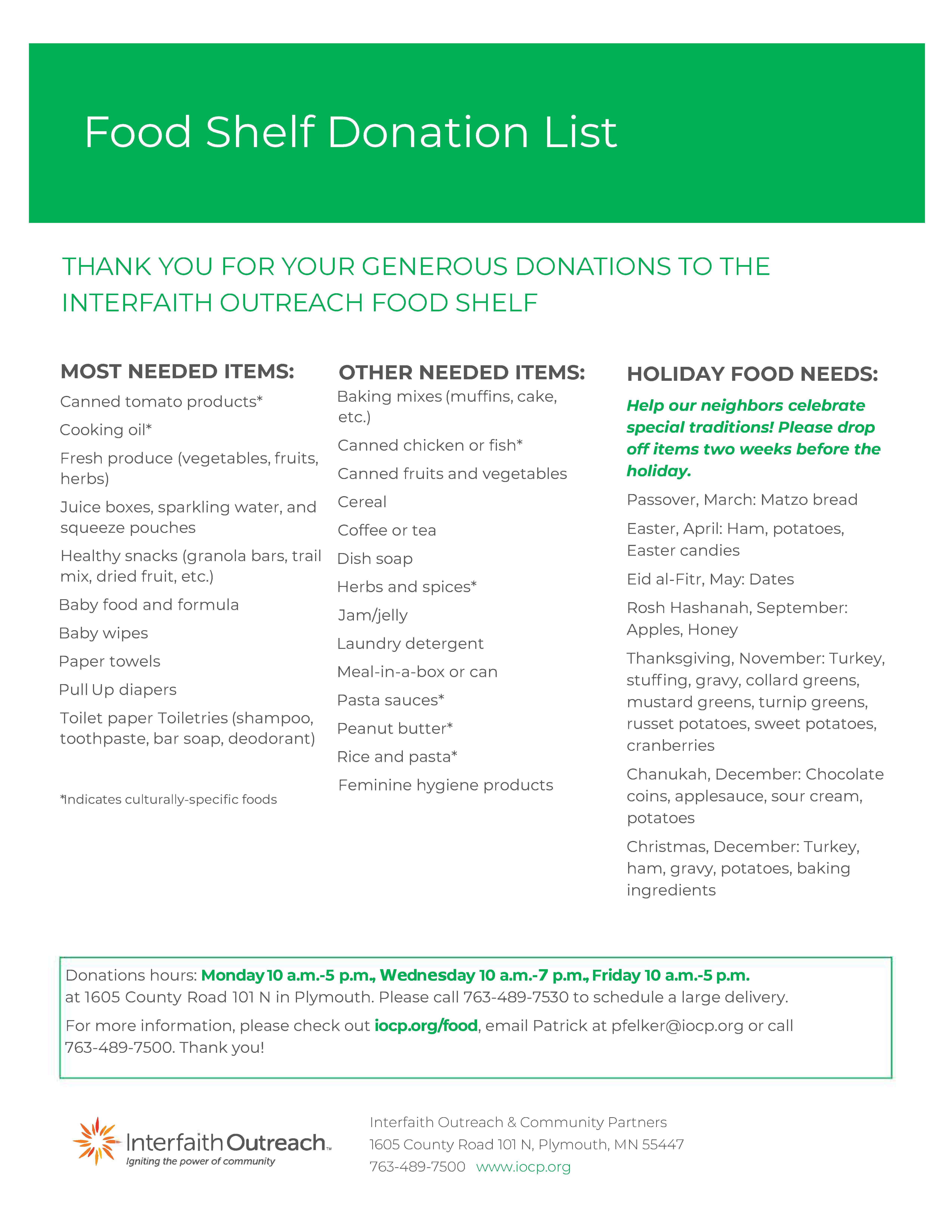 Interfaith Outreach Food Shelf Needed Items 2022